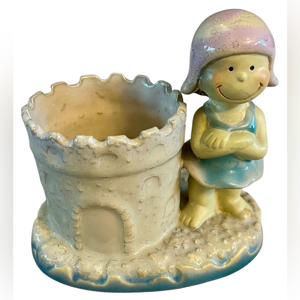 Charming Beige and Blue Sandcastle Girl Figurine Candle Holder